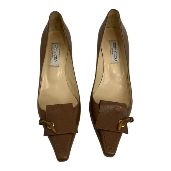 Jimmy Choo London Brown Leather Pointed Toe Pumps Kitten Heel Italy Size 40 US 9 - Picture 3 of 10